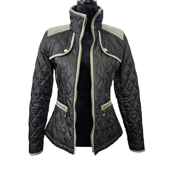VINCE CAMUTO Quilted Faux Suede Trim Black Field Equestrian Jacket - Picture 6 of 16